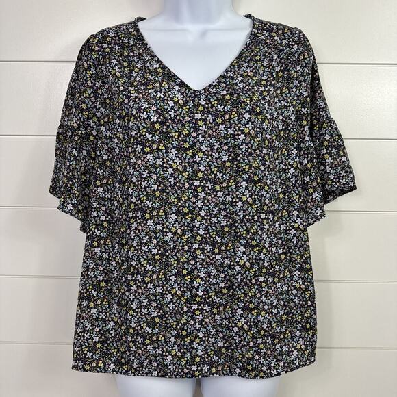 LOFT Floral Print Short Sleeved V-Neck Blouse Shirt Navy Blue sz S - Picture 1 of 6